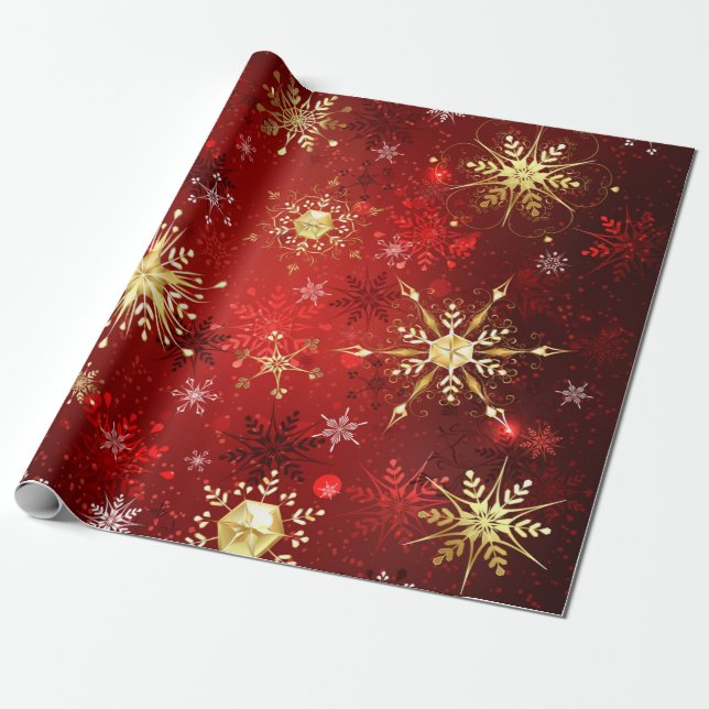 Christmas Golden Snowflakes on Red Background Wrapping Paper (Unrolled)