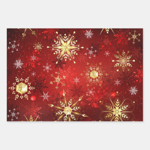 Christmas Golden Snowflakes on Red Background Wrapping Paper Sheet