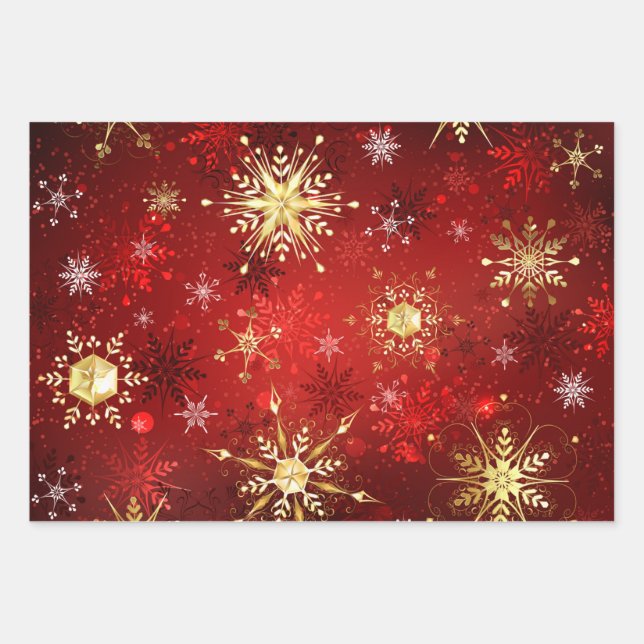 Christmas Golden Snowflakes on Red Background Wrapping Paper Sheet (Front)