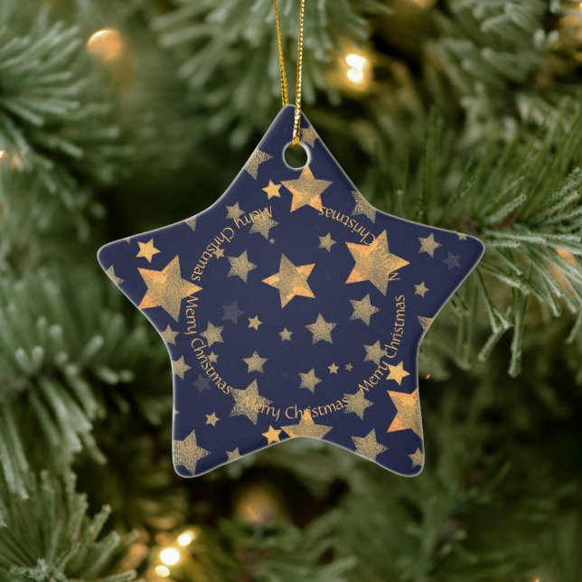 Christmas Golden Stars Navy Blue Classic Elegant Ceramic Tree Decoration (Tree)