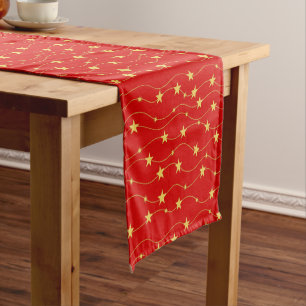 Christmas Golden Stars Red Elegant Holidays Short  Table Runner