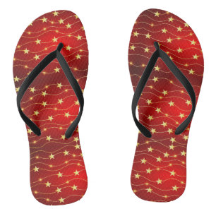 Christmas Golden Stars Red Holidays Flip Flops