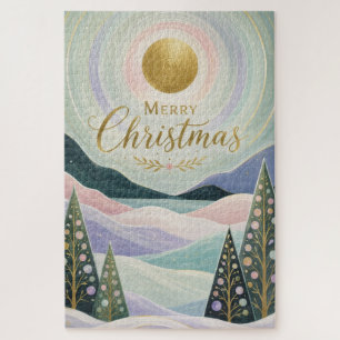 Christmas Golden Sun Pastel Mountain Landscape Jigsaw Puzzle