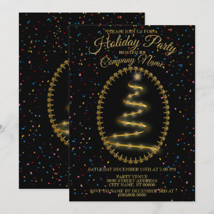 Christmas Golden Tree Colourful Glitter Black Part Invitation