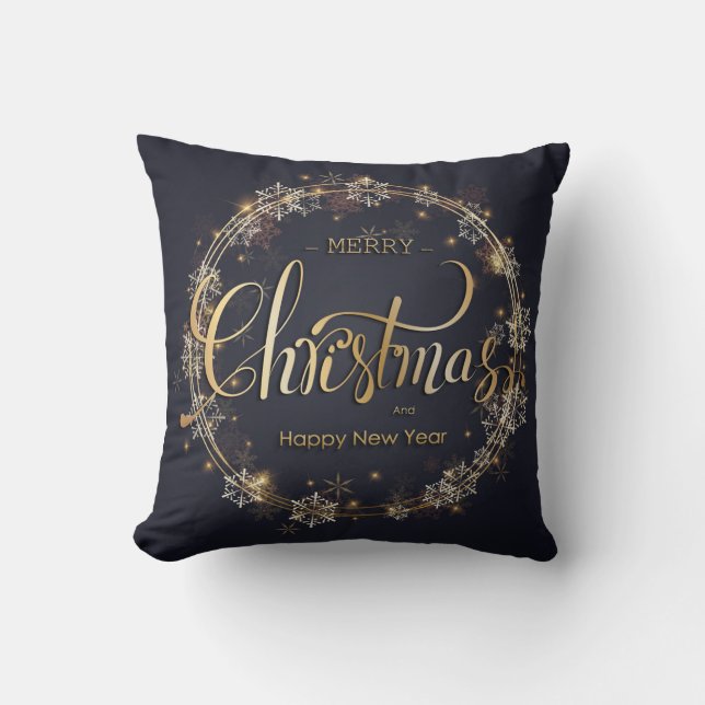 Christmas Golden Typography White Snowflakes Black Cushion (Front)