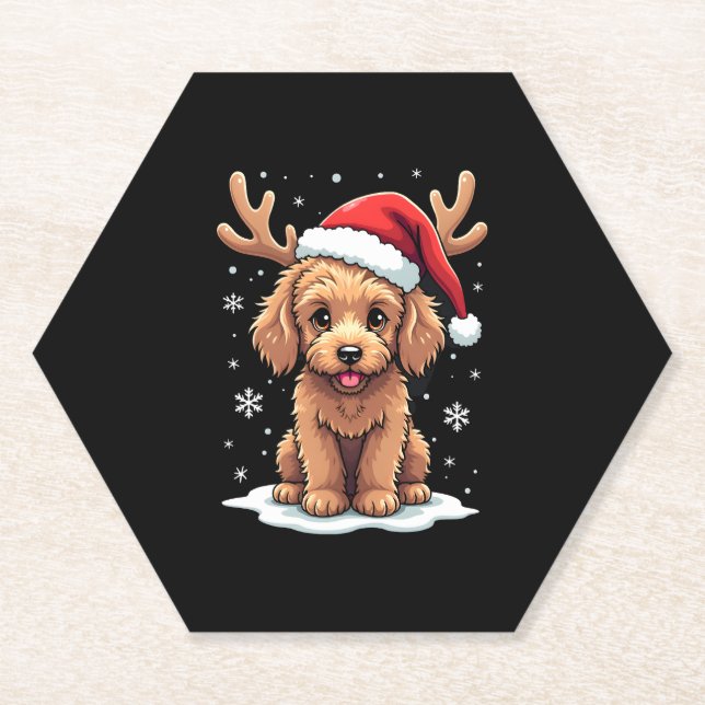 Christmas Goldendoodle Dog Reindeer Holiday Doodle Paper Coaster (Front)