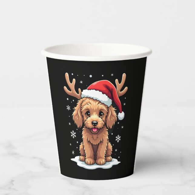 Christmas Goldendoodle Dog Reindeer Holiday Doodle Paper Cups (Front)