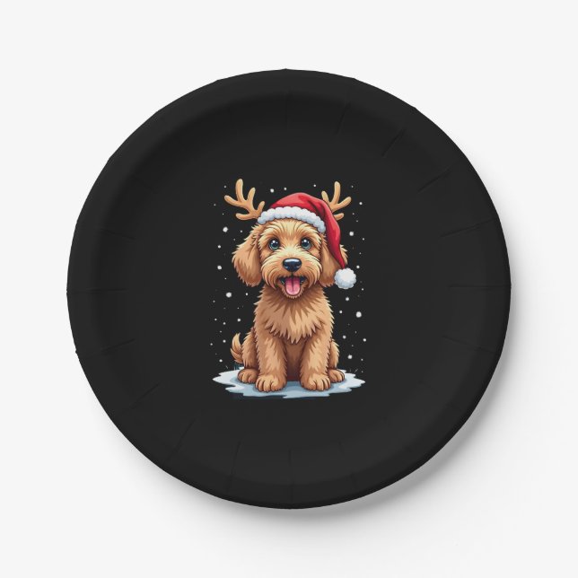 Christmas Goldendoodle Dog Reindeer Holiday Doodle Paper Plate (Front)
