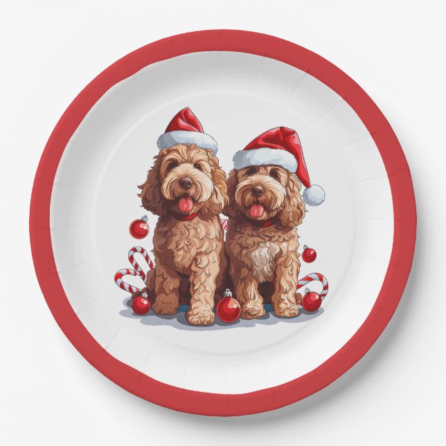Christmas Goldendoodle Dogs Paper Plate (Front)