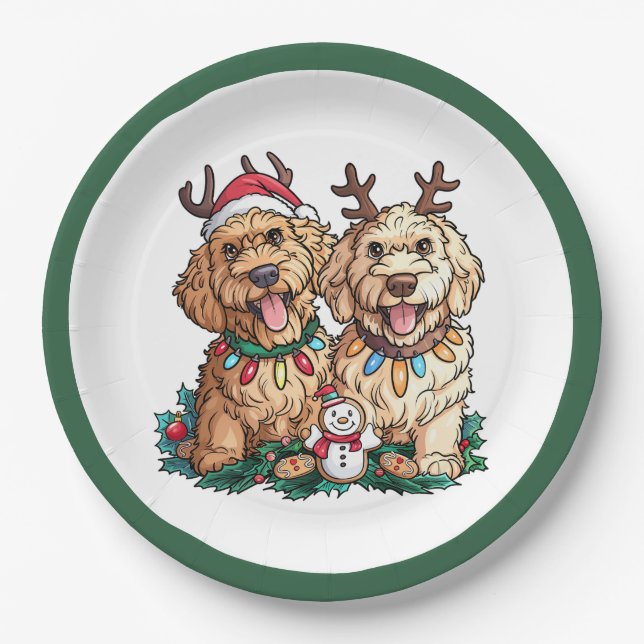 Christmas Goldendoodle Dogs Paper Plate (Front)