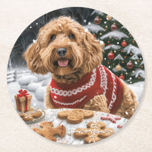 Christmas Goldendoodle Dogs Round Paper Coaster