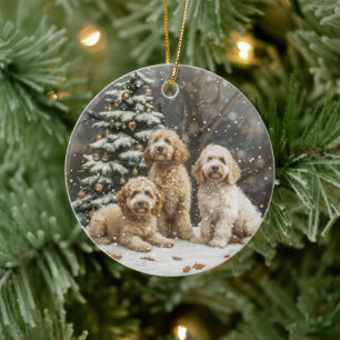 Christmas Goldendoodle Puppy Dogs Ceramic Tree Decoration