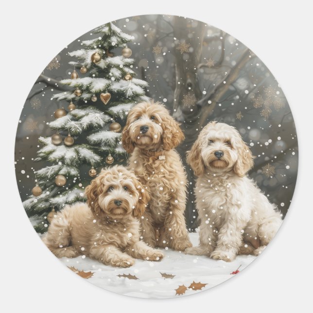 Christmas Goldendoodle Puppy Dogs Classic Round Sticker (Front)