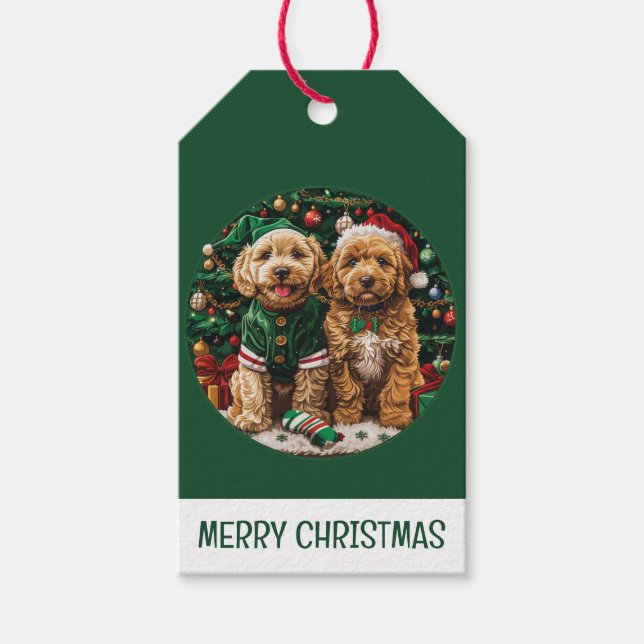 Christmas Goldendoodle Puppy Dogs Gift Tags (Front)