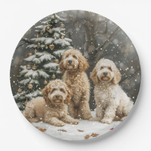 Christmas Goldendoodle Puppy Dogs Paper Plate