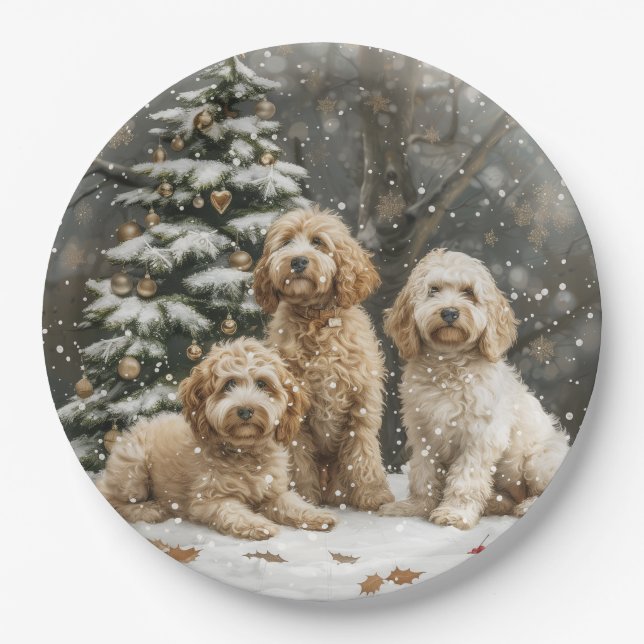 Christmas Goldendoodle Puppy Dogs Paper Plate (Front)