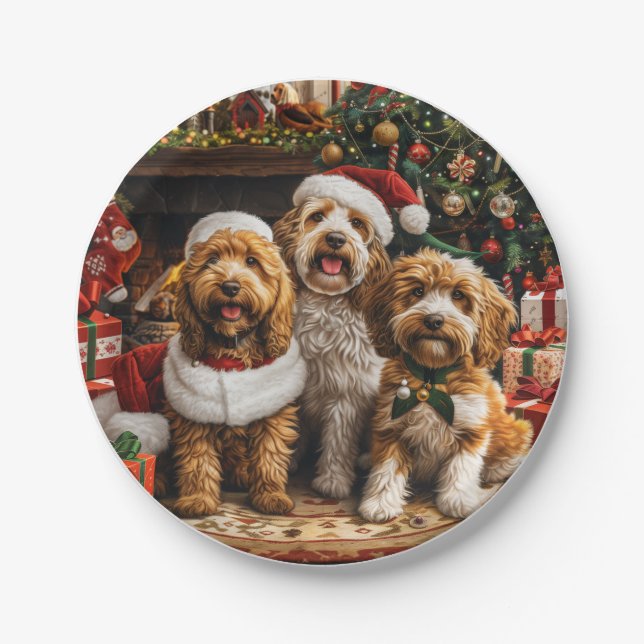 Christmas Goldendoodle Puppy Dogs Paper Plate (Front)