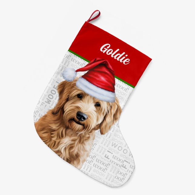 Christmas Goldendoodle with Dog's Name Large Christmas Stocking (Front (Hanging))