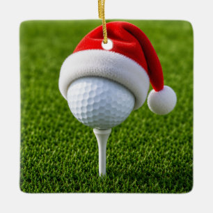 Christmas Golf Ball with Santa Hat on Tee on Green Ceramic Ornament