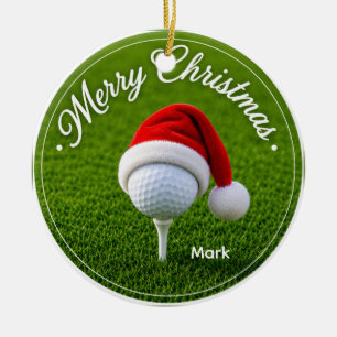 Christmas Golf Ball with Santa Hat on Tee on Green Ceramic Tree Decoration