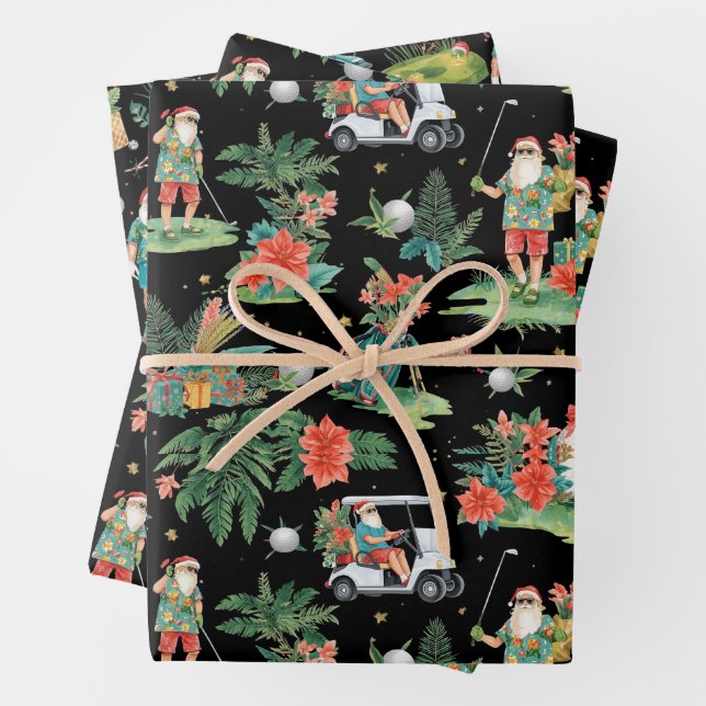 Christmas Golf Summer Santa Watercolor Pattern  Wrapping Paper Sheet (In situ)