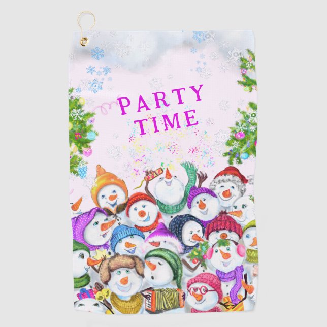 Christmas Golf Towel with Happy Snowmans Party (Front)