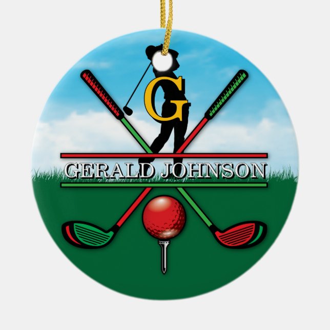 Christmas Golfer Monogram  Design Ceramic Tree Decoration (Front)