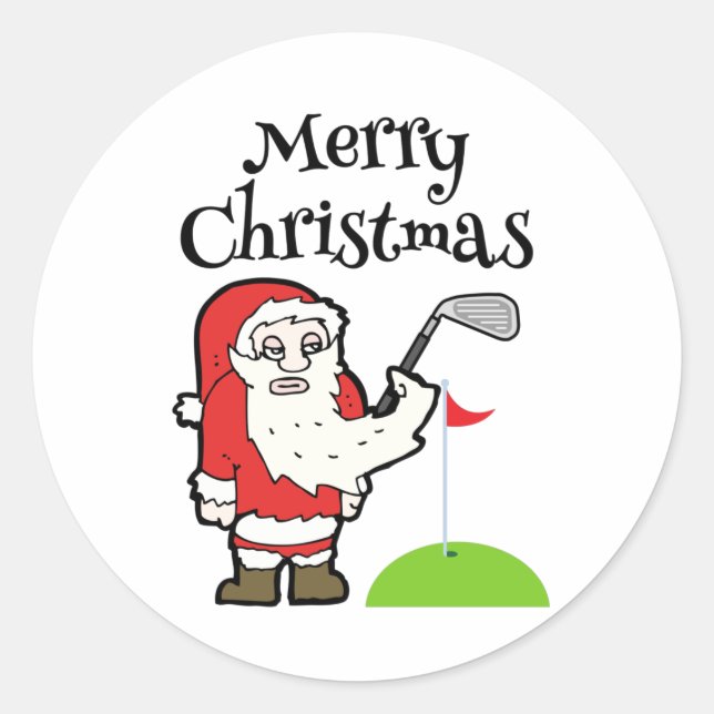 Christmas Golfer with Santa Claus hold golf iron  Classic Round Sticker (Front)