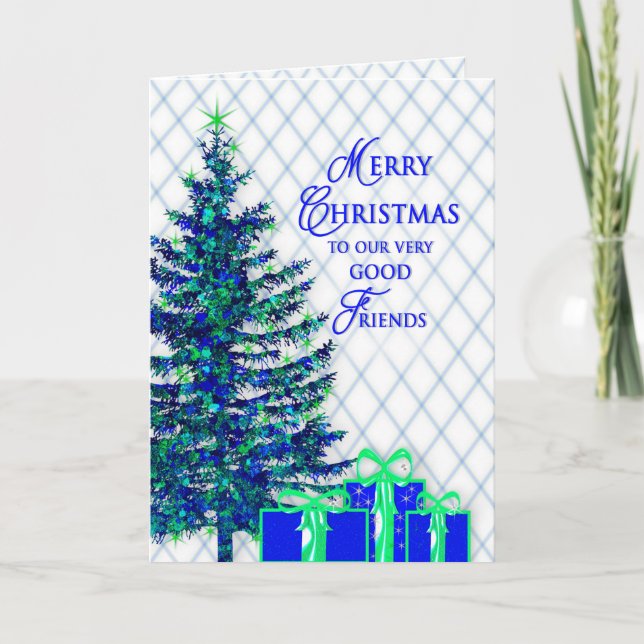 Christmas, Good Friends, Blue/Tree,Gifts Holiday Card (Front)