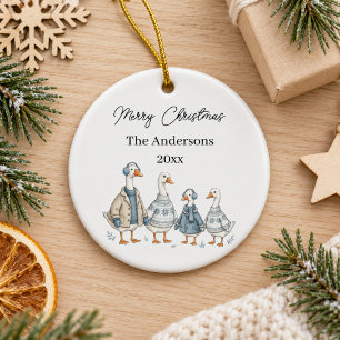 Christmas Goose Family Blue Watercolor Ceramic Tree Decoration