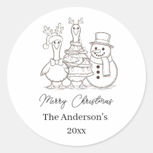 Christmas Goose Family Doodle black white modern Classic Round Sticker