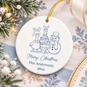 Christmas Goose Family Doodle blue modern Ceramic Tree Decoration