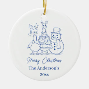 Christmas Goose Family Doodle blue modern Ceramic Tree Decoration
