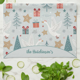 Christmas Goose Family Name Tea Towel