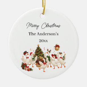 Christmas Goose Family Party Watercolor Ceramic Tree Decoration