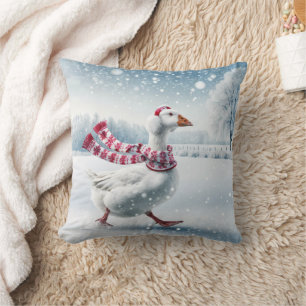 Christmas Goose Walking in Snowflakes Cushion