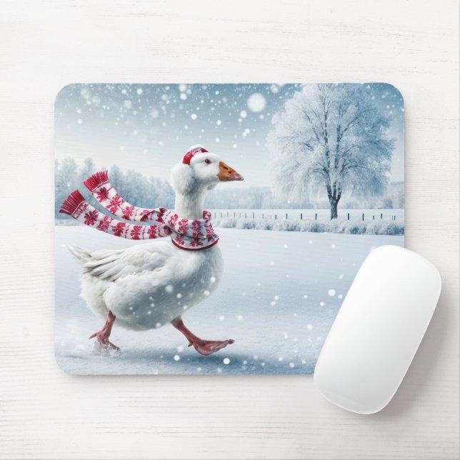 Christmas Goose Walking in Snowflakes Mouse Mat (With Mouse)