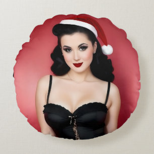 Christmas Goth Girl in Hat Round Throw Pillow