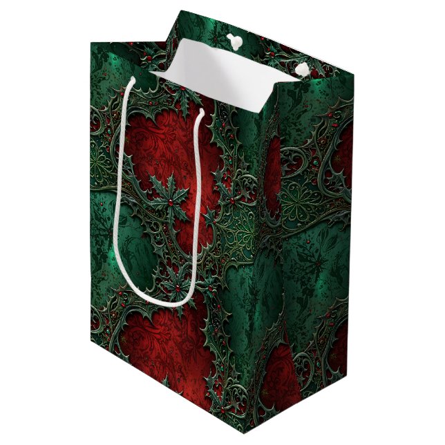 Christmas Gothic Grunge Red & Green Holly Medium Gift Bag (Front Angled)