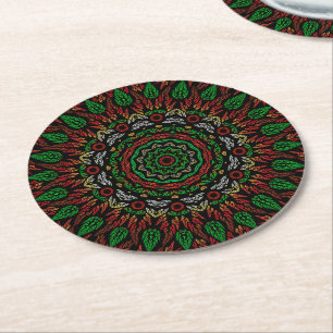 Christmas Gothic Stained Glass Leaves Mandala Round Paper Coaster