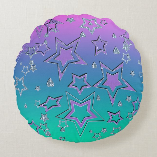 Christmas gradient glitter shine confetti stars fu round cushion (Front)