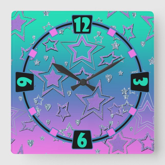 Christmas gradient glitter shine confetti stars fu square wall clock (Front)