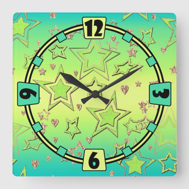 Christmas gradient glitter shine confetti stars fu square wall clock (Front)