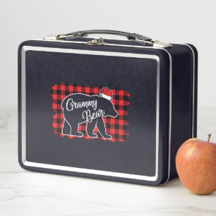 Christmas Grammy Bear Christmas Red Plaid Buffalo Metal Lunch Box