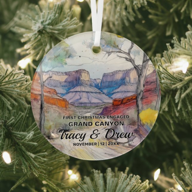 Christmas Grand Canyon Adventure Engaged Couple Glass Tree Decoration (Insitu)