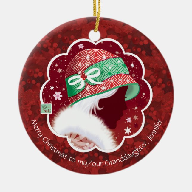Christmas, Granddaughter, Girl in red hat Ceramic Tree Decoration (Front)
