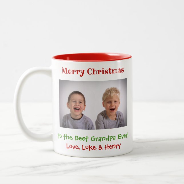 Christmas Grandfather Grandchildren Custom Photo Two-Tone Coffee Mug (Left)