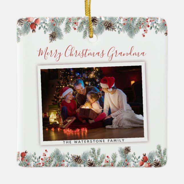 Christmas Grandma Family Photo Botanical Ceramic Ornament (Front)