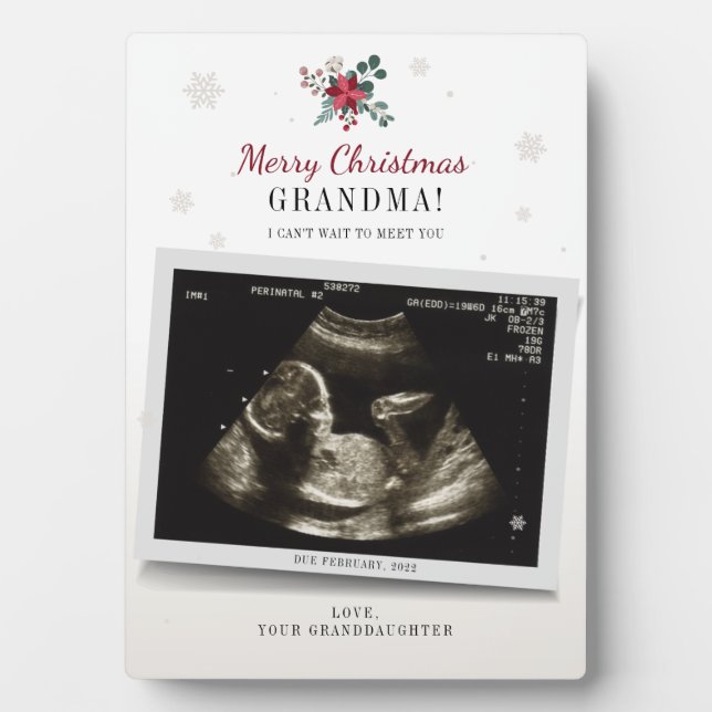 Christmas Grandma Gender Reveal Ultrasound Photo Plaque (Front)
