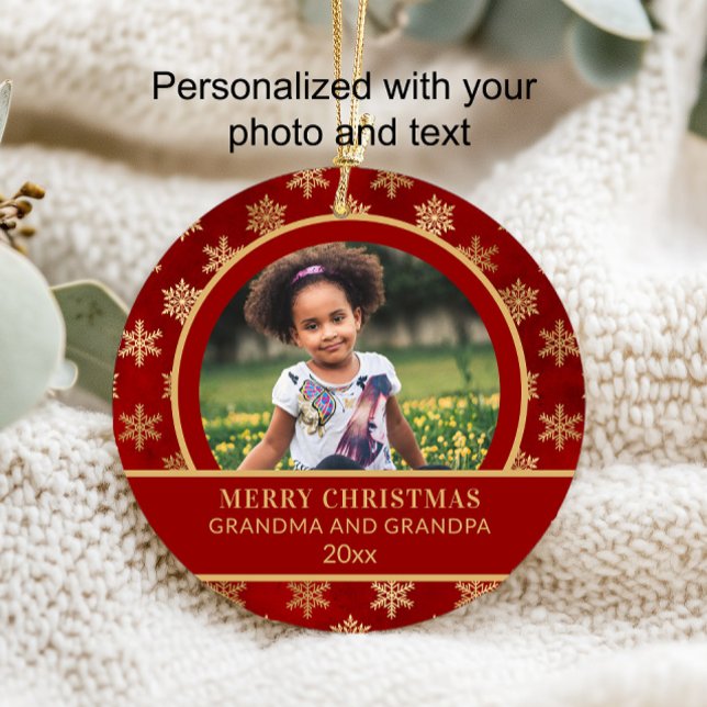 Christmas Grandma Grandpa Red Gold Snowflakes Ornament (Red and gold photo ornament)